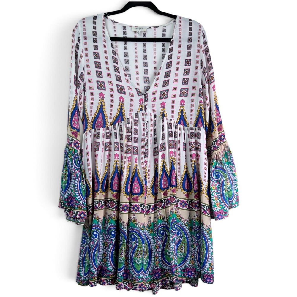 umgee paisley boho babydoll mini dress bell sleeves button front colorful size m